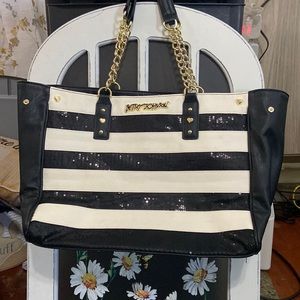Betsey Johnson Striped Tote BagSequins Vegan Chain Handles…